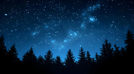 Naklejka premium Silhouetted Pine Trees Against a Night Sky Filled with Stars