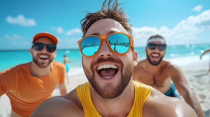 Obraz premium Three carefree smiling friends embrace under the warm sun basking in the joyful atmosphere of a vibrant summer beach vacation They wear sunglasses and swimwear