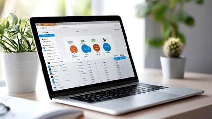Laptop with Financial Data Analysis Dashboard on Screen Displayed in Professional Office Environment with Desk Chair and Decor Elements