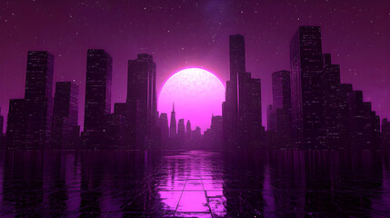 Fototapeta premium A 3D digital illustration of a futuristic cityscape with a large glowing pink moon and stars in the background
