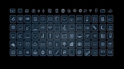 Collection of  Hand-Drawn Line Art Icons in White Outlines, Displayed Against a Dark Blue Background, Representing a Range of Digital, Business, and Office-Related Concepts.