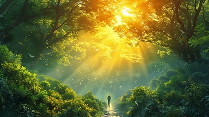 Obraz premium A person hikes along a forest trail, surrounded by towering trees and the sound of birds. The path is covered in leaves, and the sunlight filters through the branches, creating a peaceful and invigora