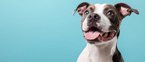 A brown and white dog with its tongue out on a blue background