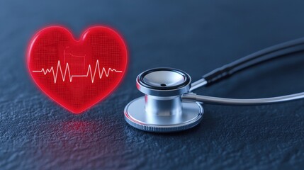 A stethoscope beside a glowing red heart icon with a heartbeat graph, symbolizing healthcare and cardiovascular health awareness.