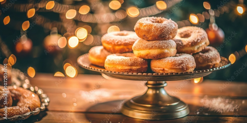Poster a tower of golden donuts dusted with sugar sits on a silver serving tray, illuminated by warm festiv