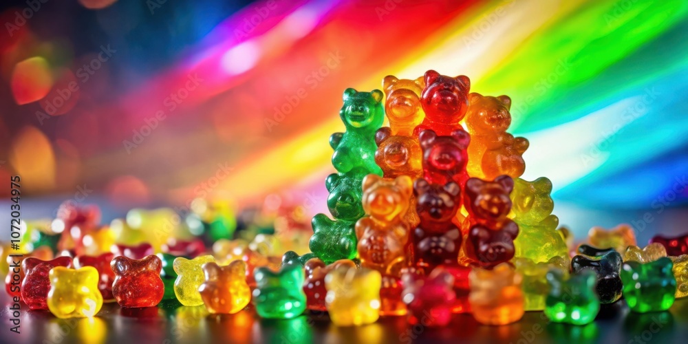 Poster A vibrant cluster of gummy bears in various colors forms a playful arrangement against a shimmering rainbow backdrop.