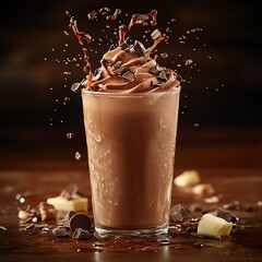 Delicious chocolate milkshake with whipped cream and chocolate splashes on a wooden table.