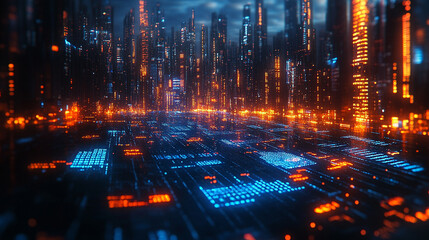 digital background with abstract code symbols, representing advanced technology, innovation, and the intersection of the digital world and human progress. It evokes themes of modernity and complexity