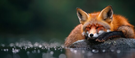 Fototapeta premium A red fox sleeping on a rock in the water