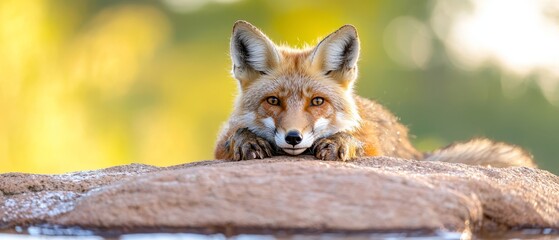 A red fox laying on top of a rock next to water
