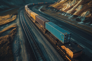 Fototapeta premium Aerial view of cargo train with container box on railroad, Train shipping on alaska railway among pine tree valley,Selective focus train with mountain view, Steam train on railway in winter with smoke