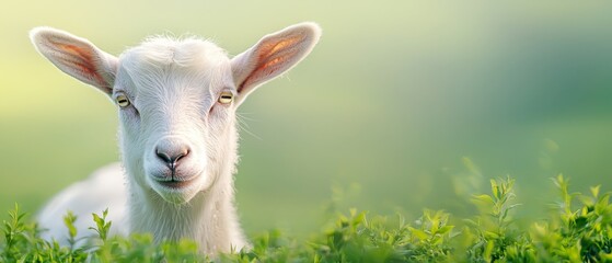 Fototapeta premium A white goat standing in a field of green grass