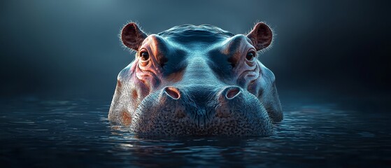 A hippo in the water looking at the camera
