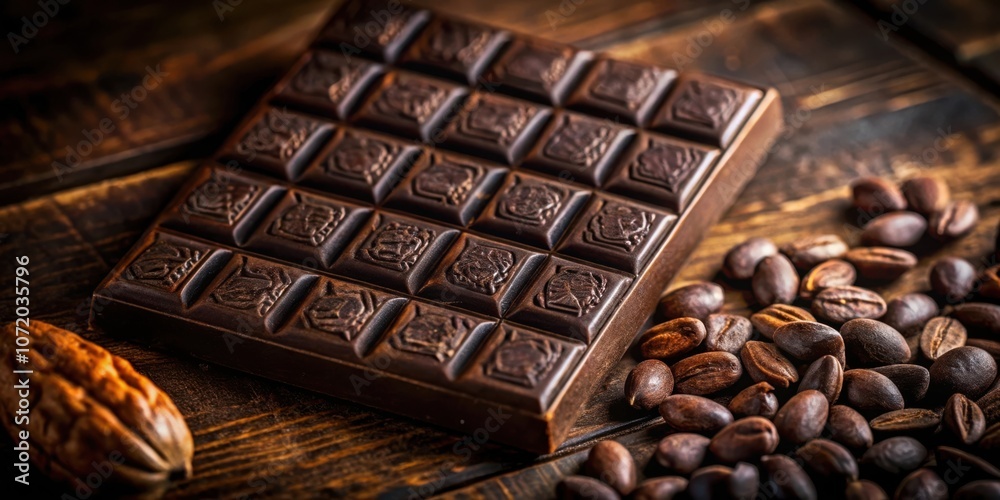 Poster a rich dark chocolate bar with intricate designs rests on a rustic wooden surface, surrounded by a s