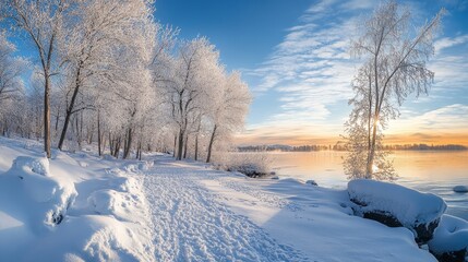 Obraz premium Snow-covered lakeside path with frosted trees at sunrise