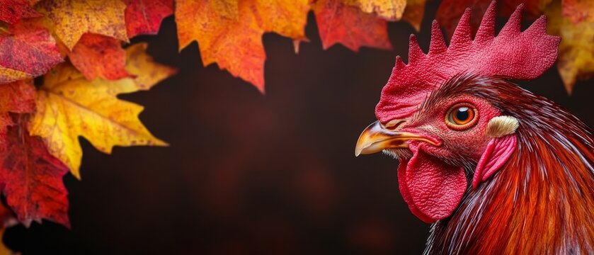 A rooster with a red comb standing in front of a bunch of leaves