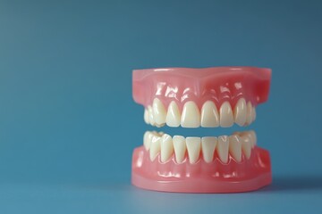 Obraz premium Close-Up Human Teeth Model on Solid Blue Background for Dental Education