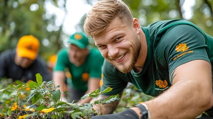 Volunteer gardening team working together to plant and cultivate plants in an outdoor natural environment  The group is collaborating to grow a sustainable garden or farm
