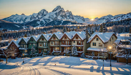 Serene Winter Scene, Snowflake Dance at Sunset, Idyllic Townscape