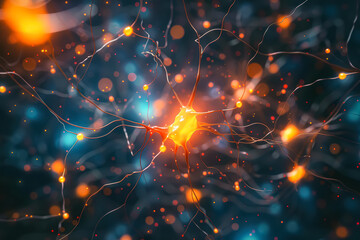 Close up of a brain with a bright orange spot in the middle. The image is a representation of the brain's neurons and their connections