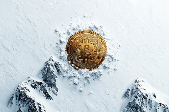 Concept of becoming a bitcoin millionaire. A golden Bitcoin emblem emerges from a snowy mountain landscape, symbolizing wealth in a cold, stark environment