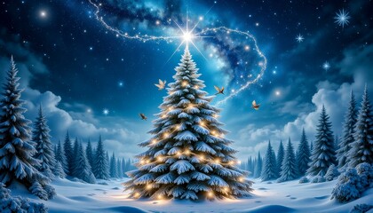 A Magical Fairy Decorates a Snowy Christmas Tree Under a Starlit Sky at Night