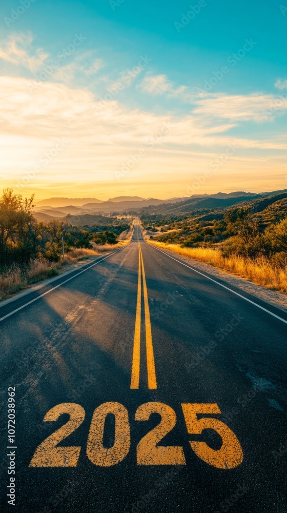 Poster a road with a yellow line and the number 2025 written on it