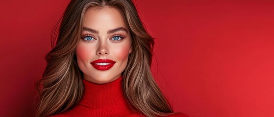 Fototapeta premium A woman with long brown hair wearing a red turtle neck sweater