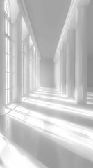 Obraz premium A bright, minimalist interior space with tall columns and soft light filtering through windows.