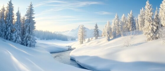 Obraz premium A snowy landscape with a river running through it
