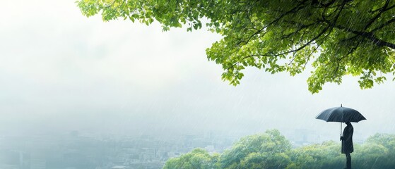 A person holding an umbrella standing under a tree in the rain