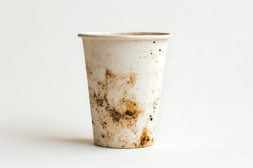 dirty brown stain on take away cup for hot coffee drink, paper mug on white background 