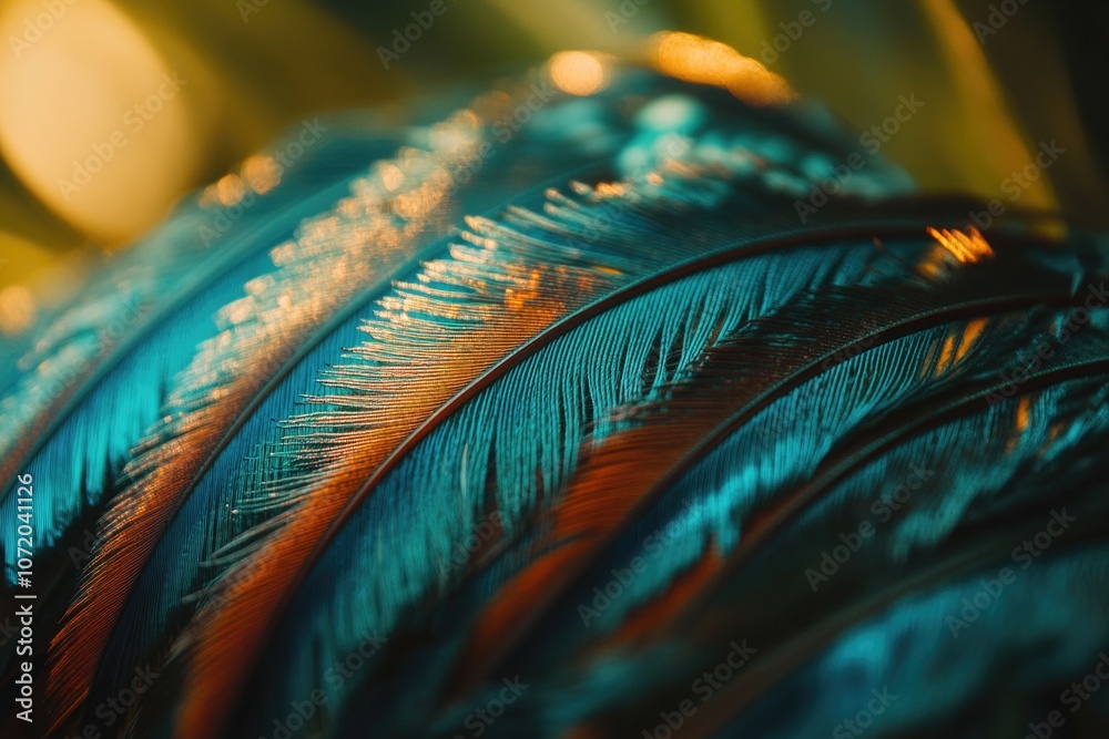Poster a detailed shot of a vibrant blue and orange feather, perfect for highlighting or emphasizing design