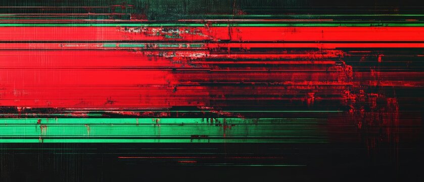 Vibrant Digital Glitch Effect with Red and Green Lines on Dark Background