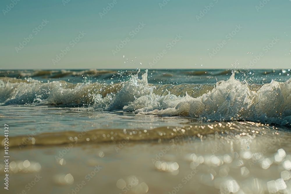 Poster a close up view of a wave crashing on the beach, with water and sand in motion