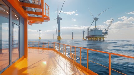 Fototapeta premium A large oil rig is in the water with several windmills in the background
