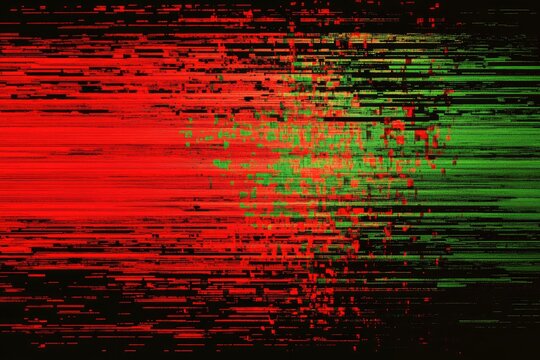 Vibrant Digital Glitch Effect with Red and Green Lines on Dark Background