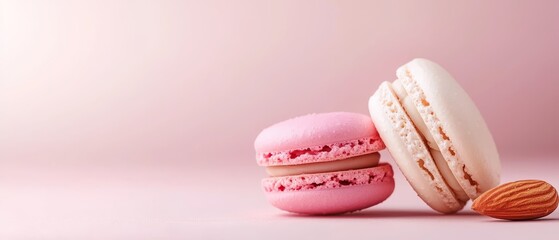 Obraz premium A stack of pink and white macarons next to an almond