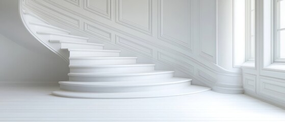Obraz premium A white staircase in an empty room with a large window