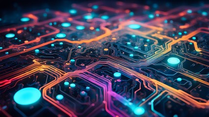 Abstract circuit design with vibrant colors representing technology and connectivity.