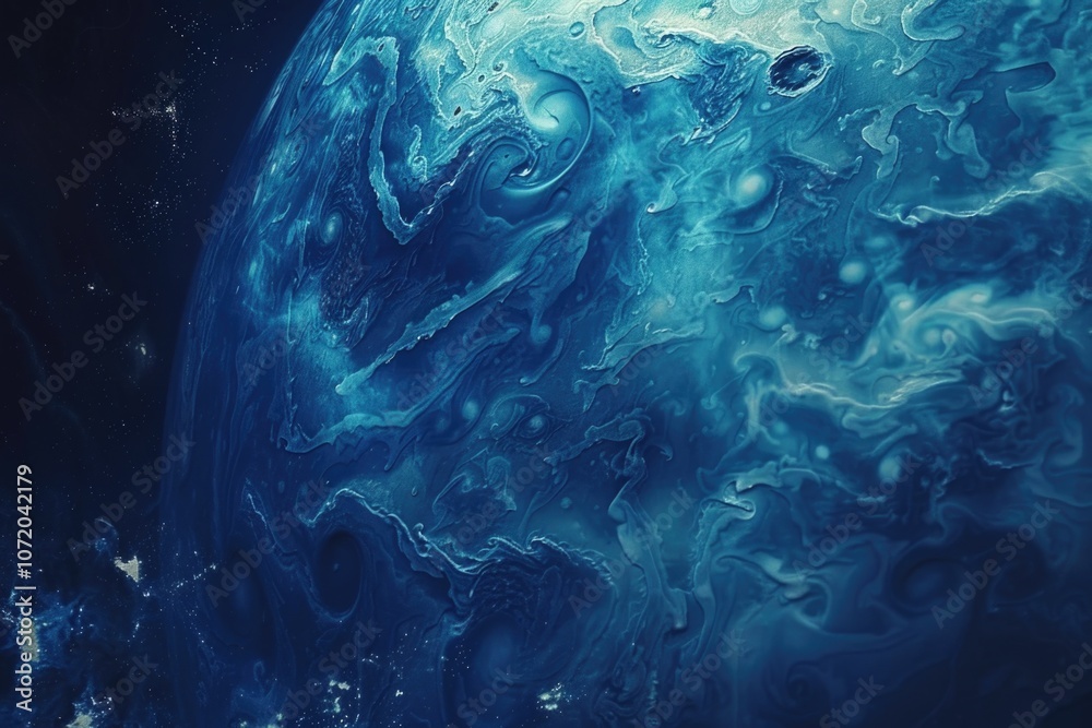 Poster a close-up shot of a blue planet with a star shining brightly in the background