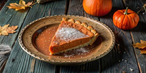 A slice of pumpkin pie dusted with powdered sugar sits on a rustic brown plate, accompanied by two pumpkins and fallen autumn leaves.