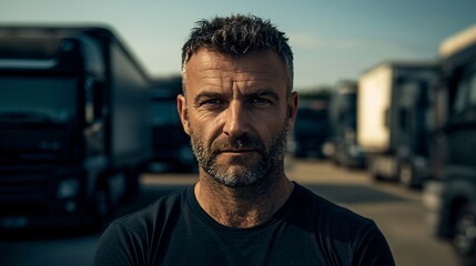 Obraz premium A rugged man stands confidently in front of parked trucks, exuding strength and determination against a backdrop of a busy logistics environment.