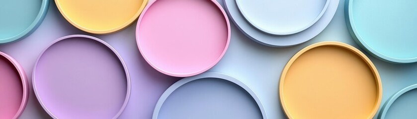 Obraz premium A vibrant arrangement of pastel-colored plates, showcasing a harmonious blend of soft hues and circular shapes against a light background.