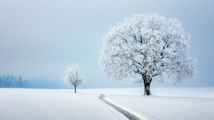 Obraz premium Snowy field with frosty trees and a winding path