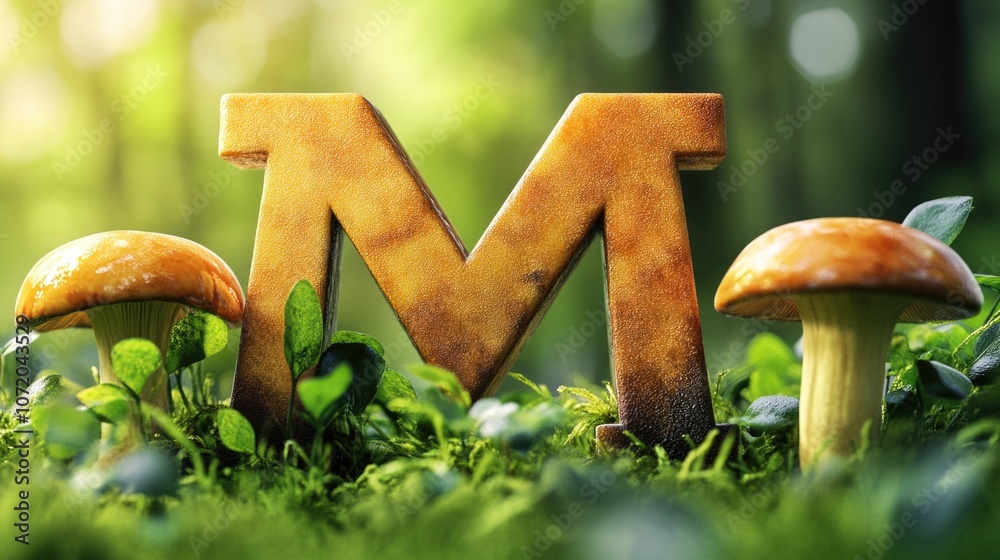Poster a letter m surrounded by mushrooms growing in a lush green grass, suitable for use as a symbol or de