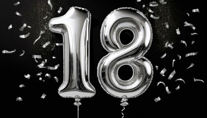 Silver birthday / anniversary balloon, number 18, black background with confetti