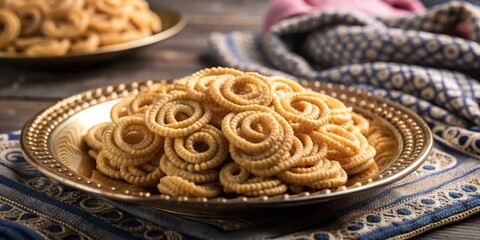 Crispy Fried Dough Rings in a Golden Bowl on a Blue and Gold Patterned Fabric