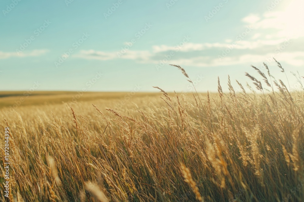 Poster a scenic view of tall grass with the sun shining in the background, perfect for use in travel or nat