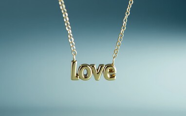 A high-quality product shot of a golden necklace featuring the word "love" suspended on a chain, set against a light blue backdrop. 
